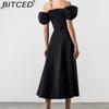 BITCED Spring/Summer Long Dress Women's Commuter Puff Sleeve Tie-Waist Slit Dress