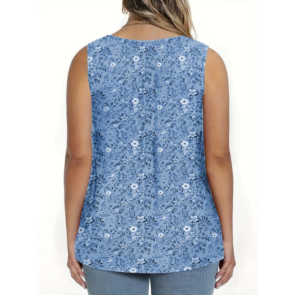 Ladies Summer New Fashion Casual Round Neck Button Sleeveless Small Floral Casual Tops