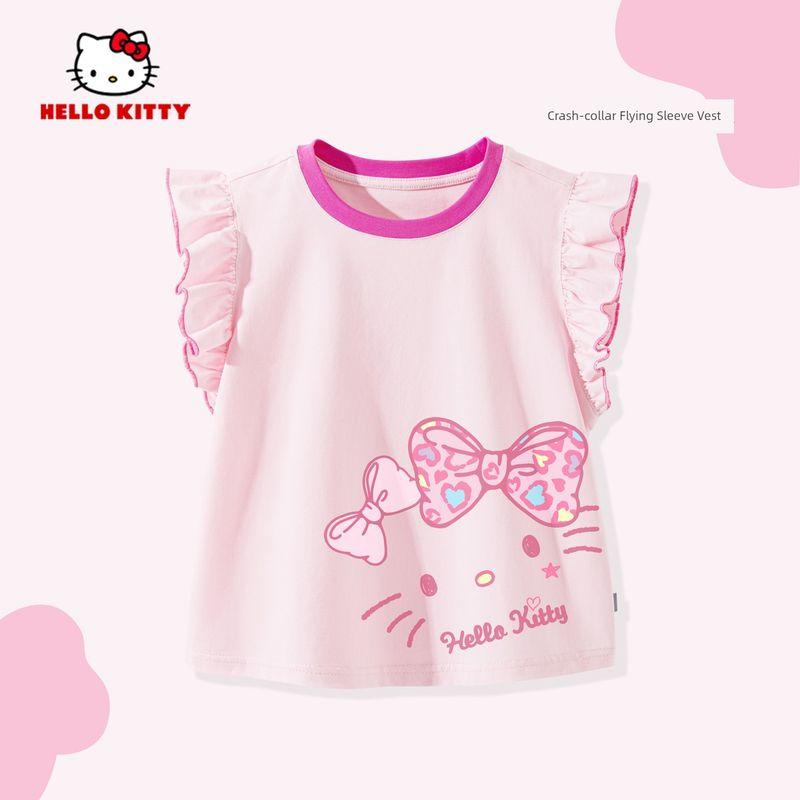 Hello Kitty Girls' T-Shirt Summer 2025 New Pink Girls' Flutter Sleeve Top Pure Cotton Children's Summer Clothing