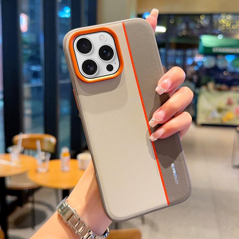 For iPhone 16 Pro Case Splicing PC+PU Leather Phone Back Cover with Metal Lens Ring/Buttons
