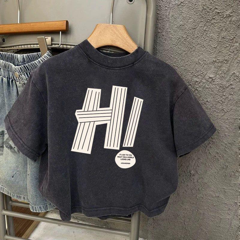 Washed Black Retro Distressed Short-Sleeve T-Shirt for Kids, Pure Cotton, Stylish for Boys and Girls