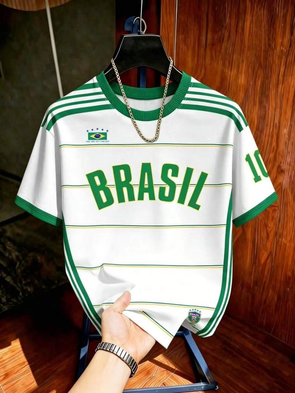 Brazil Football T-Shirt Soccer Jersey Stripe Quick Dry Tees Summer Brazil Football Jerseys Sports Short Sleeved T-Shirt for Men S