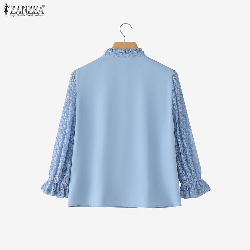 ZANZEA Women Casual Stand Collar 3/4 Sleeve Patchwork Lace Blouse