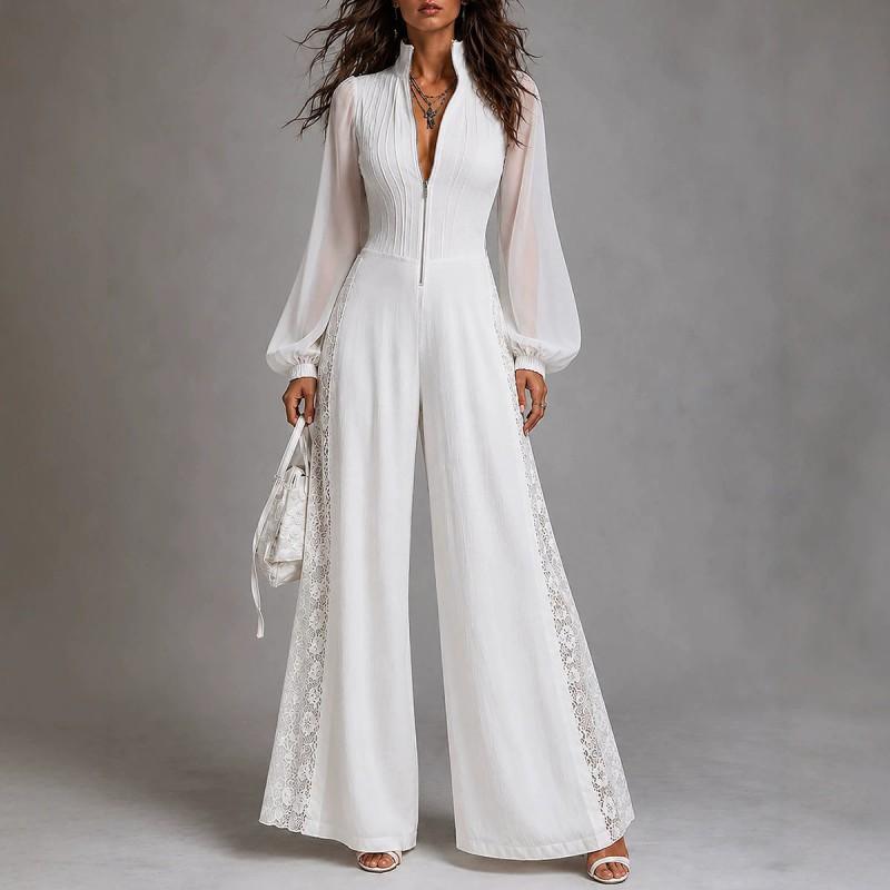 Bohemian Chiffon Lace Patchwork Jumpsuit With Lantern Sleeves High Waist Loose Fit 2026