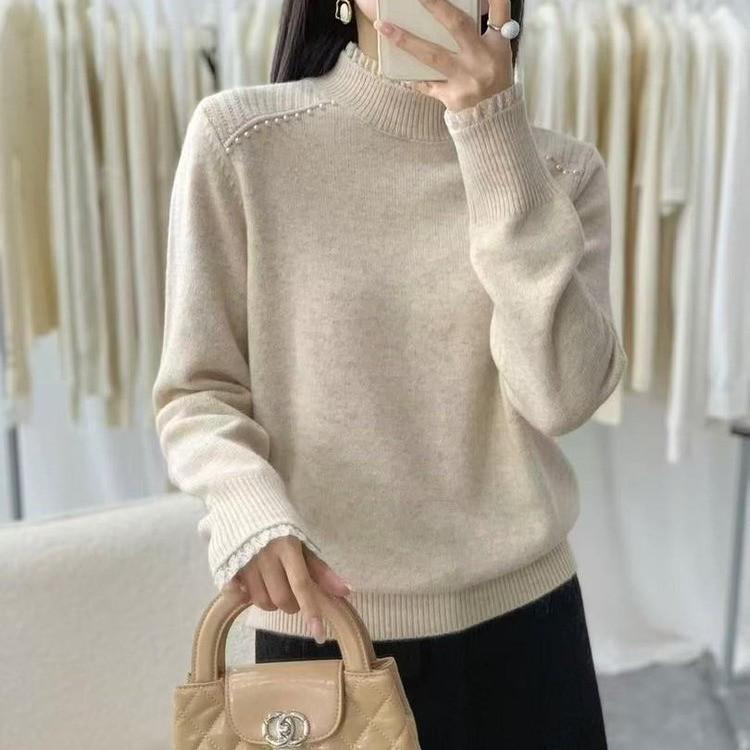 2025 Autumn/Winter Women's Stylish High Neck Ruffle Knit Sweater Pullover in Apricot