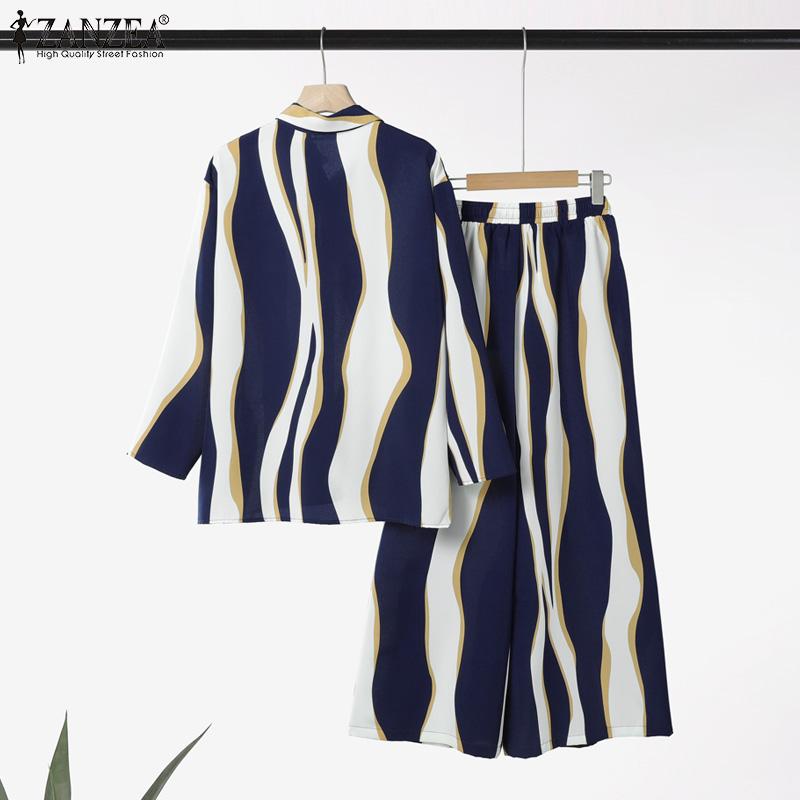 ZANZEA Women Long Sleeve Blouse and Pants Casual Print Two Piece Suit Sets