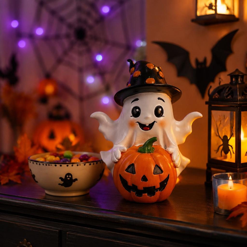 Halloween Ghost Pumpkin Statue Figurine Holiday Decoration for Indoor Outdoor Tabletop Display Ornament Sculpture