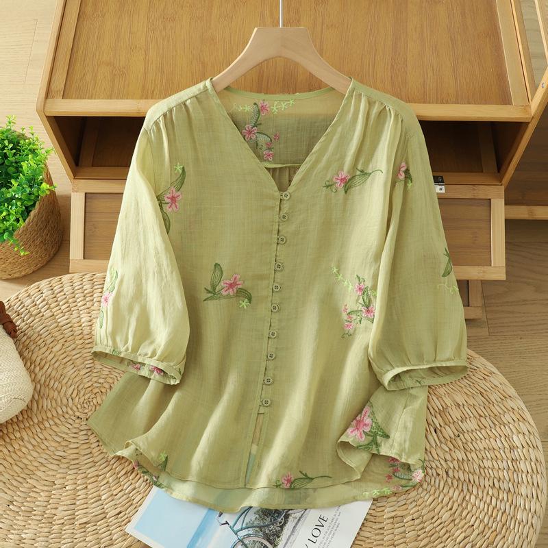 Summer 2025 Women’s V-Neck Chinese Embroidery Shirt: Retro, Loose, Slimming Design