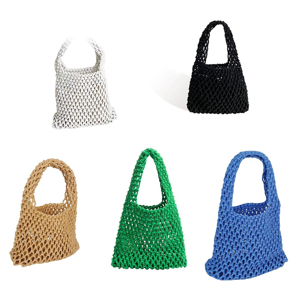 Women Woven Bucket Bag Mesh Hollow Bags with Leather Bottom Organizer Container Handbag for Summer Outdoor Picnic Shopping