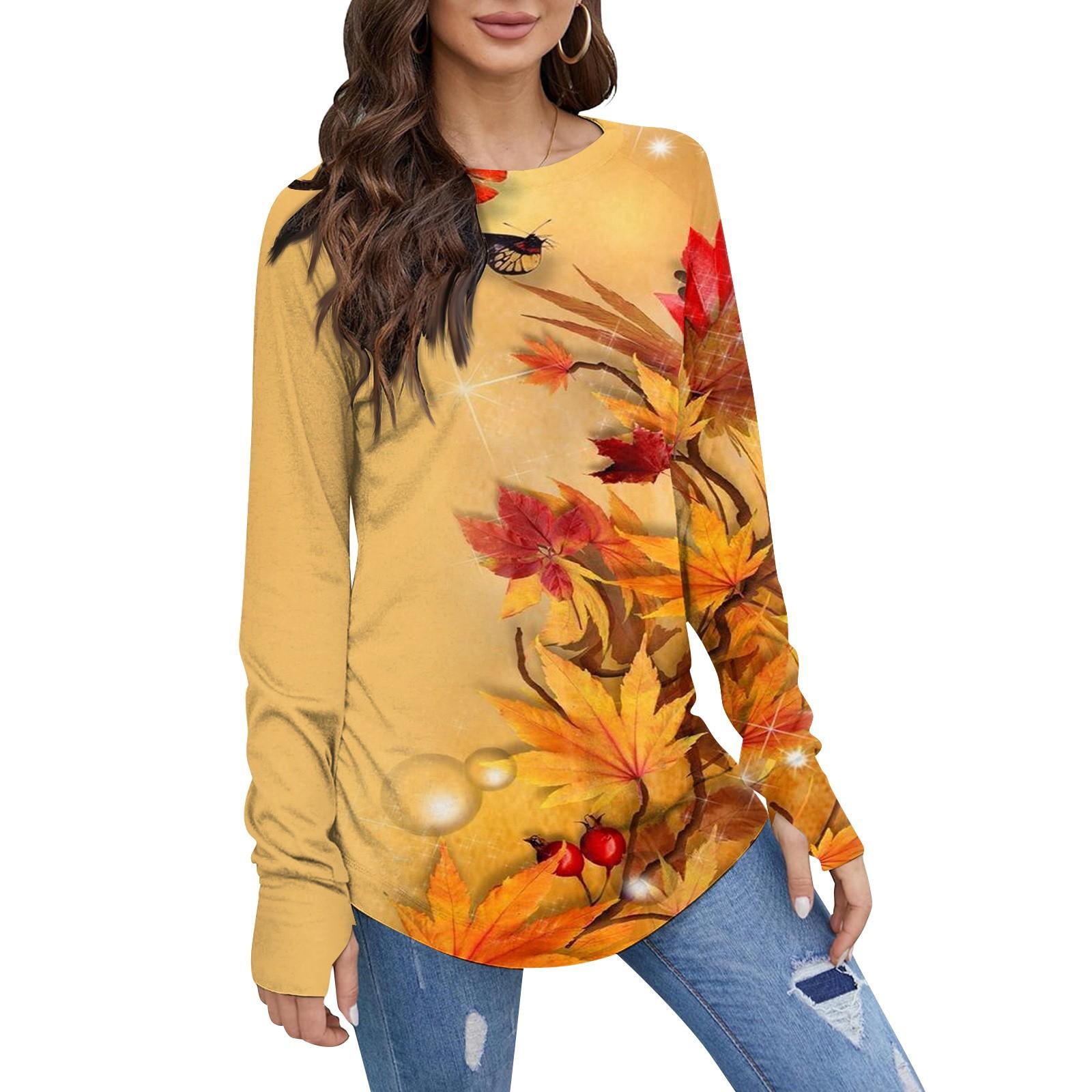 

Женская свободная футболка с круглым вырезом и длинными рукавами средней длины с принтом, топ с дырявым большим пальцем XL оранжевый