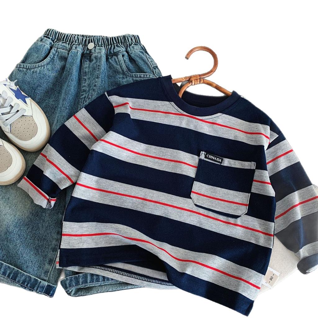 Boys' T-Shirt Autumn New Children'S Contrasting Striped Pockets Round Neck Pullover Top Children'S Clothing Trend