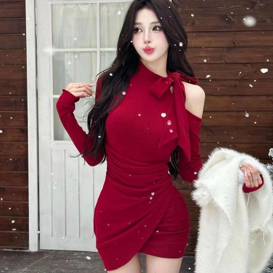 Spicy Girl Bowknot Off-Shoulder Long Sleeve Bodycon Dress - Women s Autumn/Winter Slimming Skirt Medium вино красного