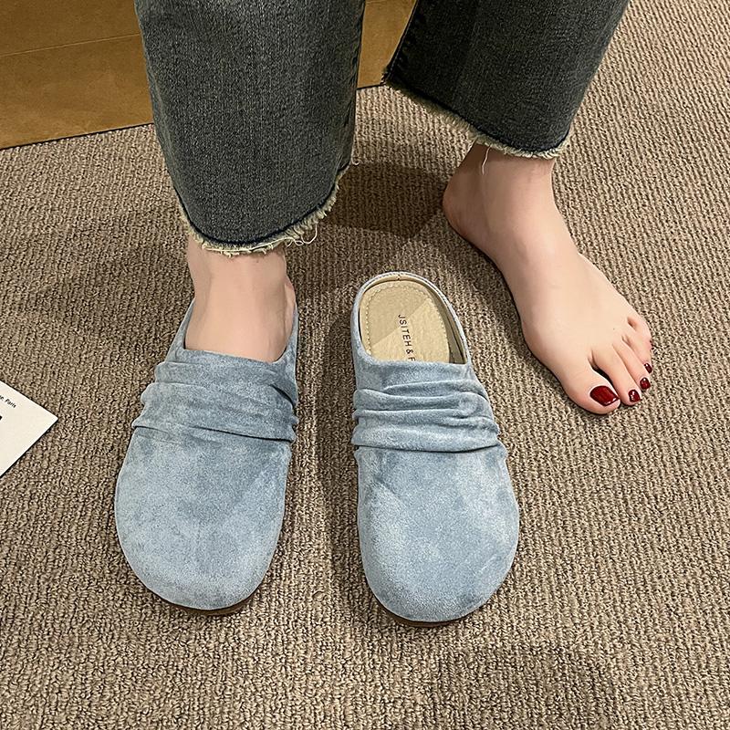 Fashion Aphixta Pleated Candy Color Flat Outside Woman Slippers Round Toe Low Heel Suede Slip On Half Slide Spring Summer Woman Shoes