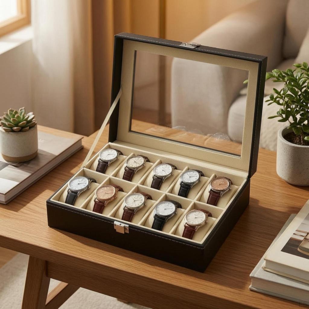 Uhr Ausstellungsbox PU-Leder Organizer mit Fenster Staubdicht Schmuckteiler für