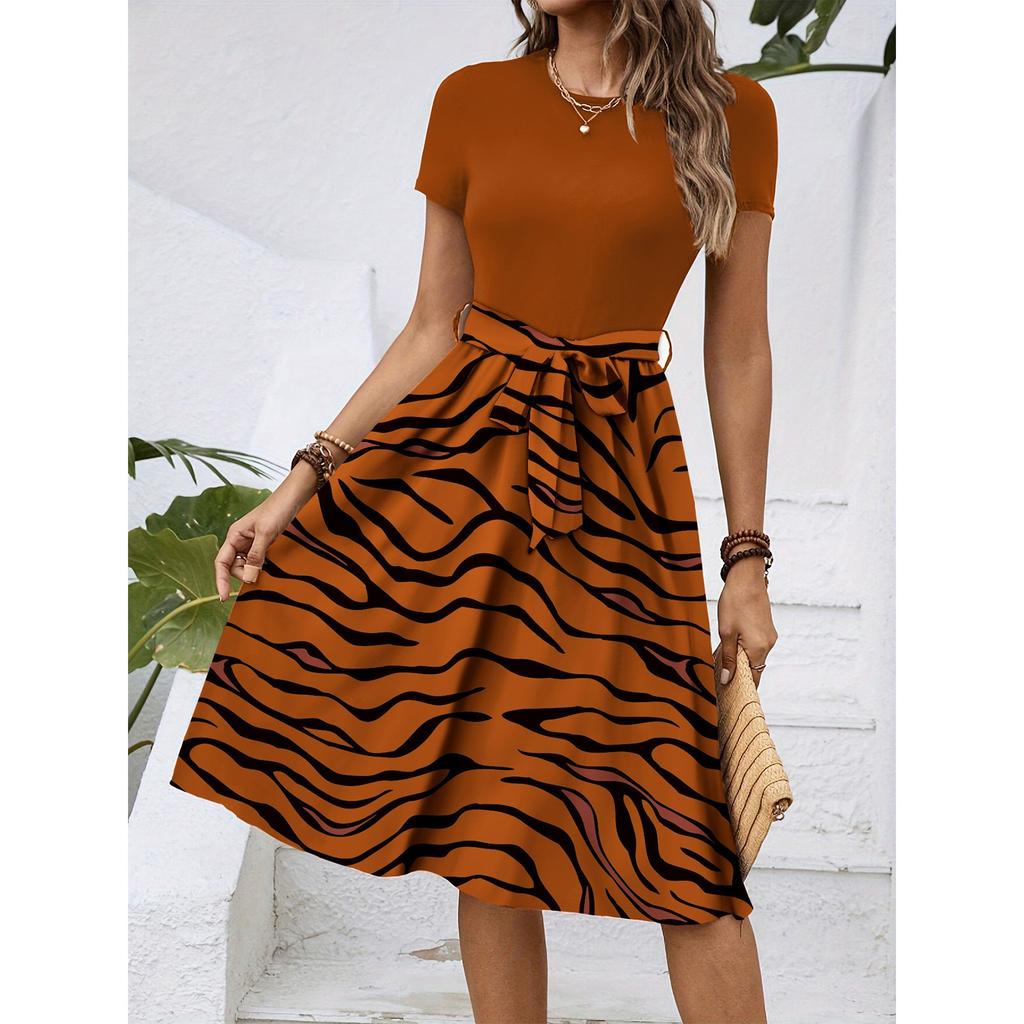 Dámské módní retro vzorované tištěné barevně blokované šaty