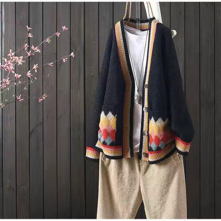 Neue Strickjacke Damen Herbst- und Wintermantel Locker Koreanische Version Lässiger Strickcardigan One Size schwarz