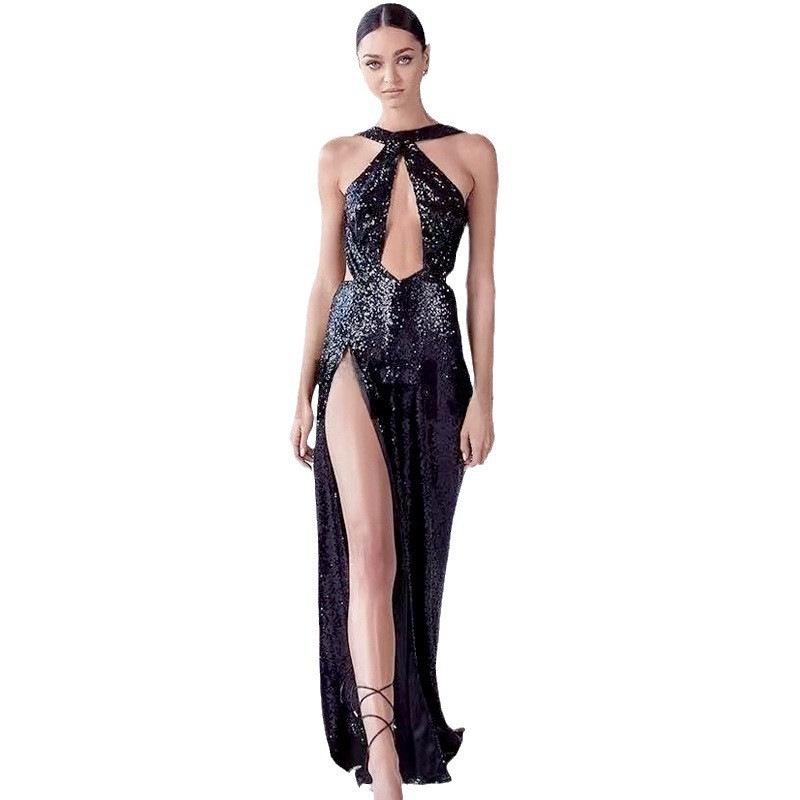 2025 Cross-Border Beaded Irregular Halter Neck Evening Dress for Women