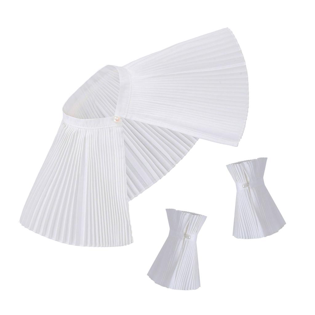 Elegant Detachable Pleated False Collar Pearls Button Shawl and Faux Sleeves Cuffs Set for Parties Costume or Casual