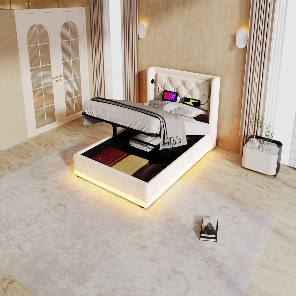 Upholstered Single Bed 90*200 cm, Beige Cotton Hydraulic Storage, Headboard with USB Type-C Charging, 3-Sided LED Function (Without Mattress)