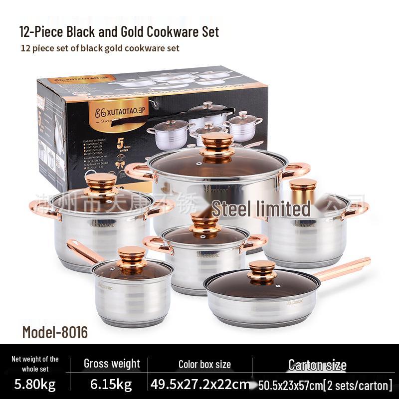 Cross 12-Piece Stainless Steel Cookware Set: Thickened Pots, Double-Bottom Frying Pan, Milk Pot, and Soup Pot