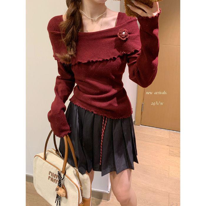 

Красный вязаный свитер с открытыми плечами с цветочным узором, женский облегающий крой, длинный рукав, отделка оборками, коллекция осень/зима 2025. One Size