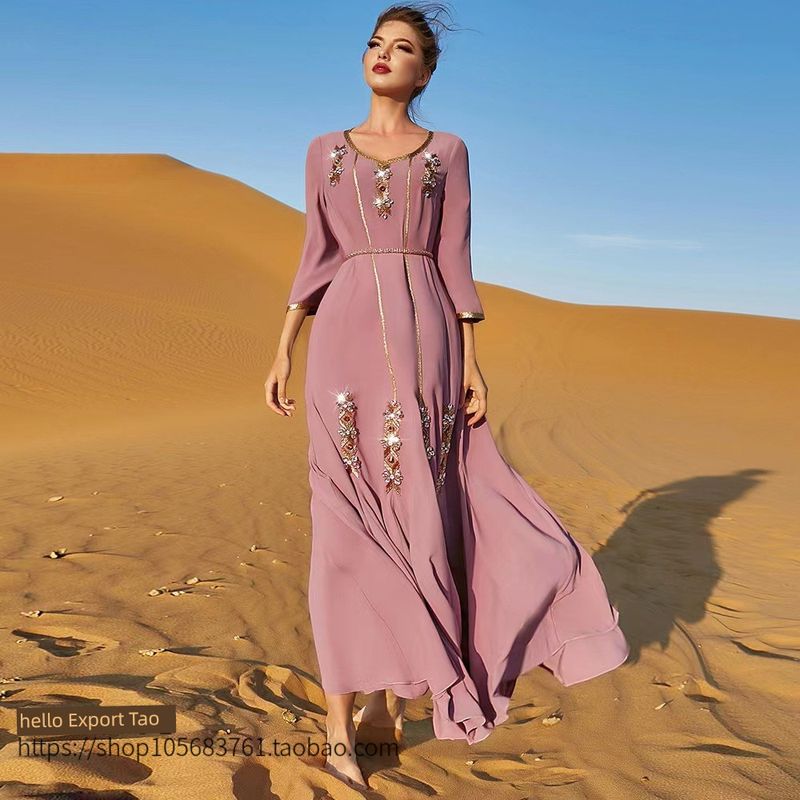New Arrival Hand-Stitched Diamond Stitching Gold Ribbon High-Grade Dress Ruffled Long Dress Ethnic Style Dress