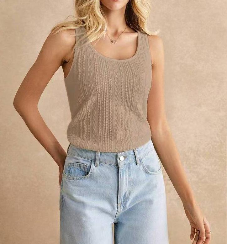 

2026 European & American U-Neck Spaghetti Strap Solid Color Jacquard Knit Vest Top for Women L
