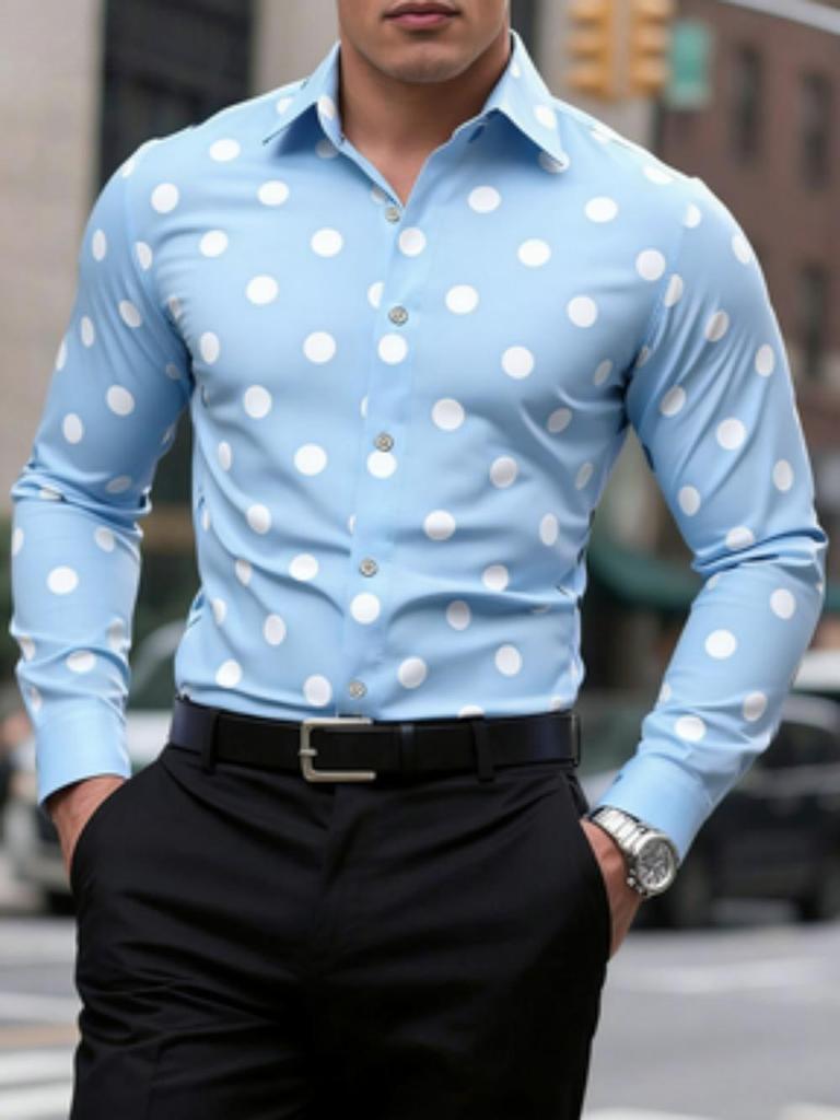 Men's Polka Dot Shirt Casual, Breathable, Comfortable, Fashionable and Trendy Men's Long Sleeved Shirt, Lapel Shirt
