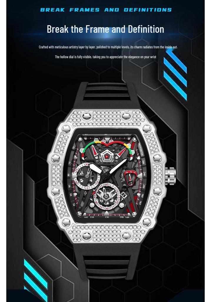Oufannishi Barrel-Shaped Quartz Waterproof Skeleton Men's Watch with Calendar and Luminous Features