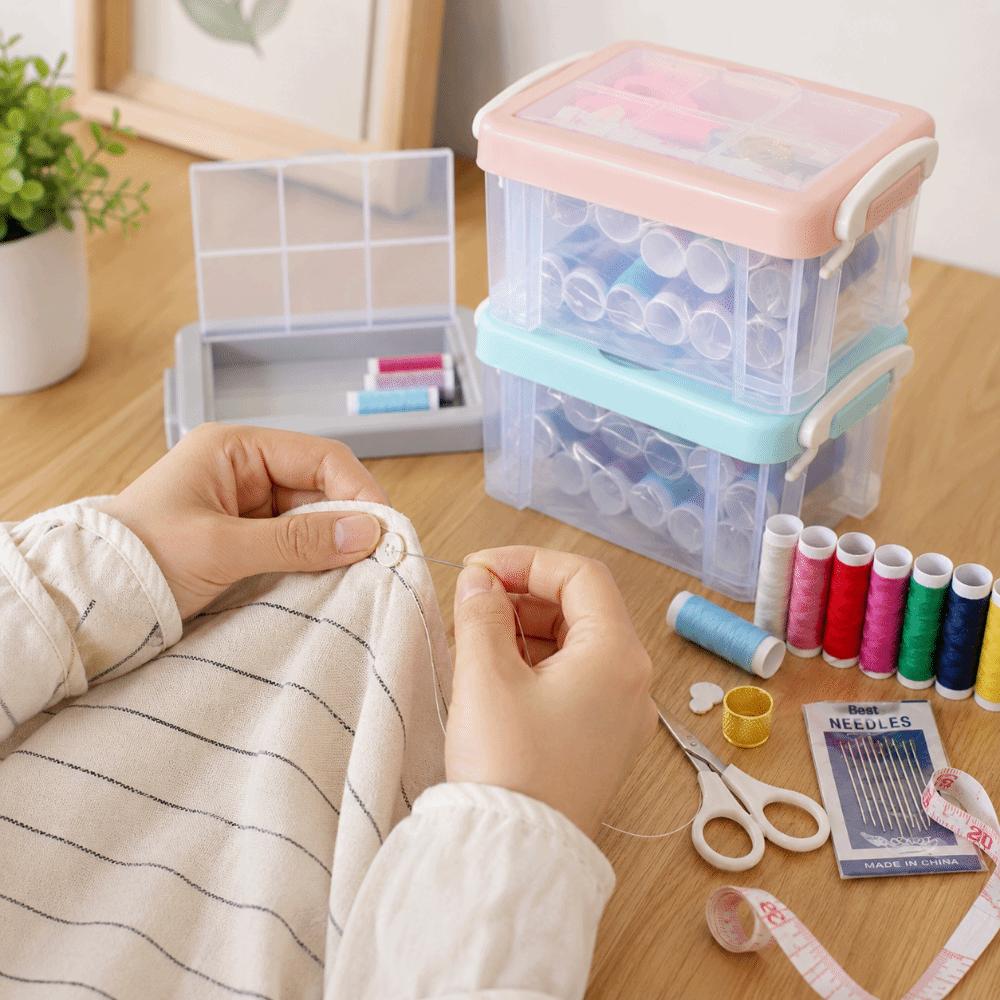 18pcs Portable Needlework Box Three-Layer Sewing Kit Box Sewing Tool Kit Cross Stitching