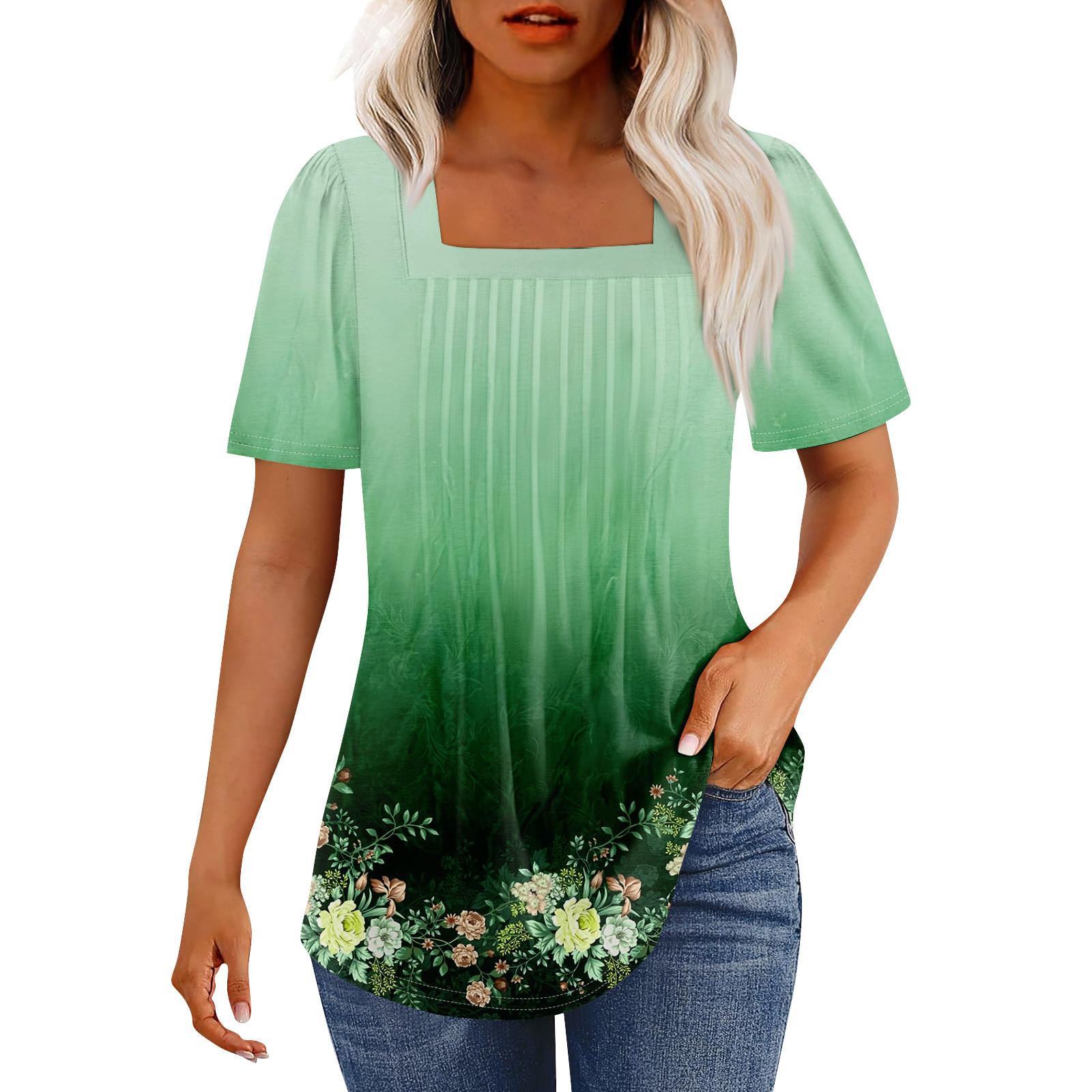 

T Shirts For Women Pleated Square Neck Dressy Casual Blouses Printing Short Sleeve Summer Tops Loose Fit XXL зелений
