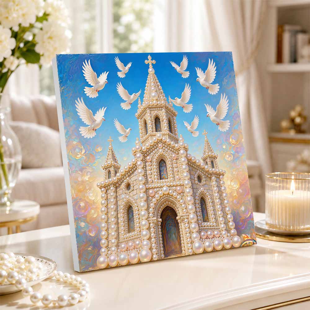 Pearl Painting 5D DIY Decorative Painting. Pearl Castle and Flying Doves. Cute Birthday Gift. Handmade Art Painting