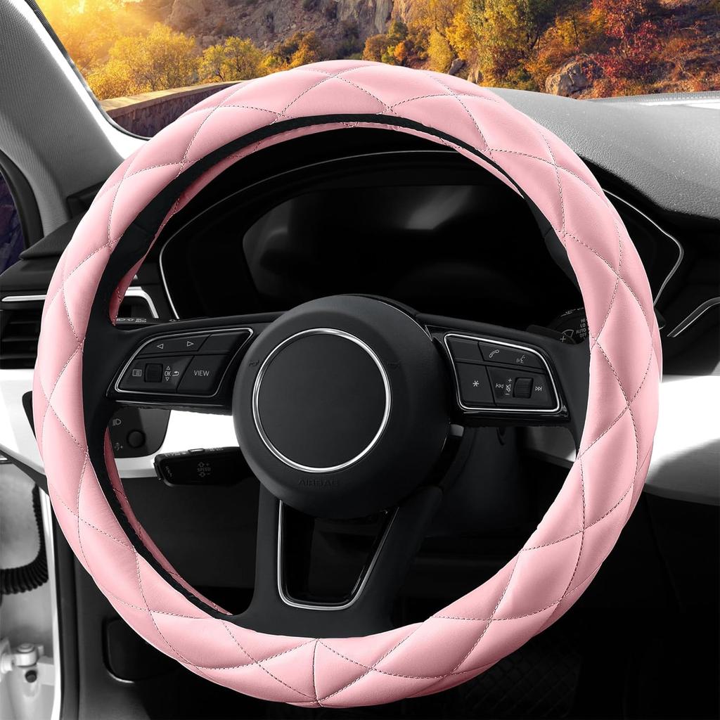 Soft Microfiber Leather Steering Wheel Cover, Universal 15 Inch For Women Girls, Fit Vehicles, Sedans, SUVs, Vans, Trucks - Light Pink