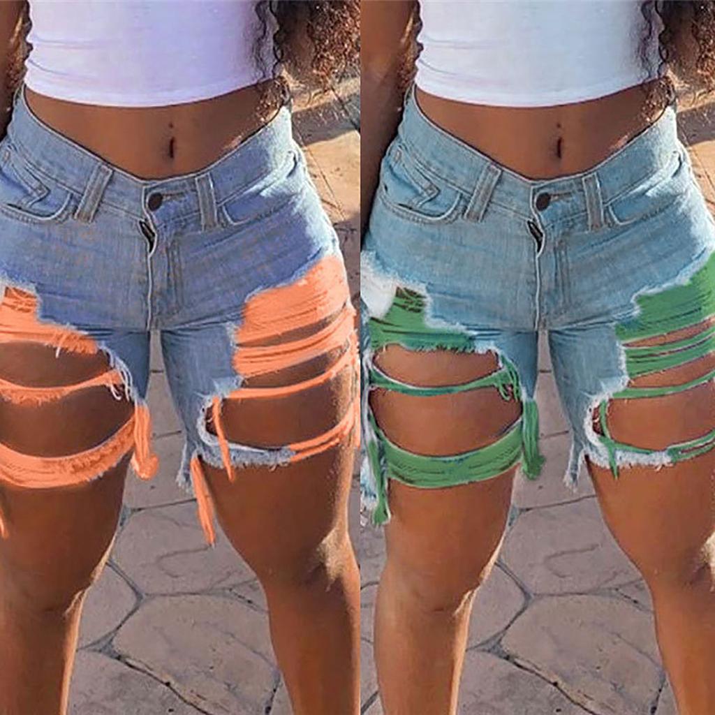 Women Elastic Destroyed Hole Leggings Short Pants Denim Shorts Ripped Jeans