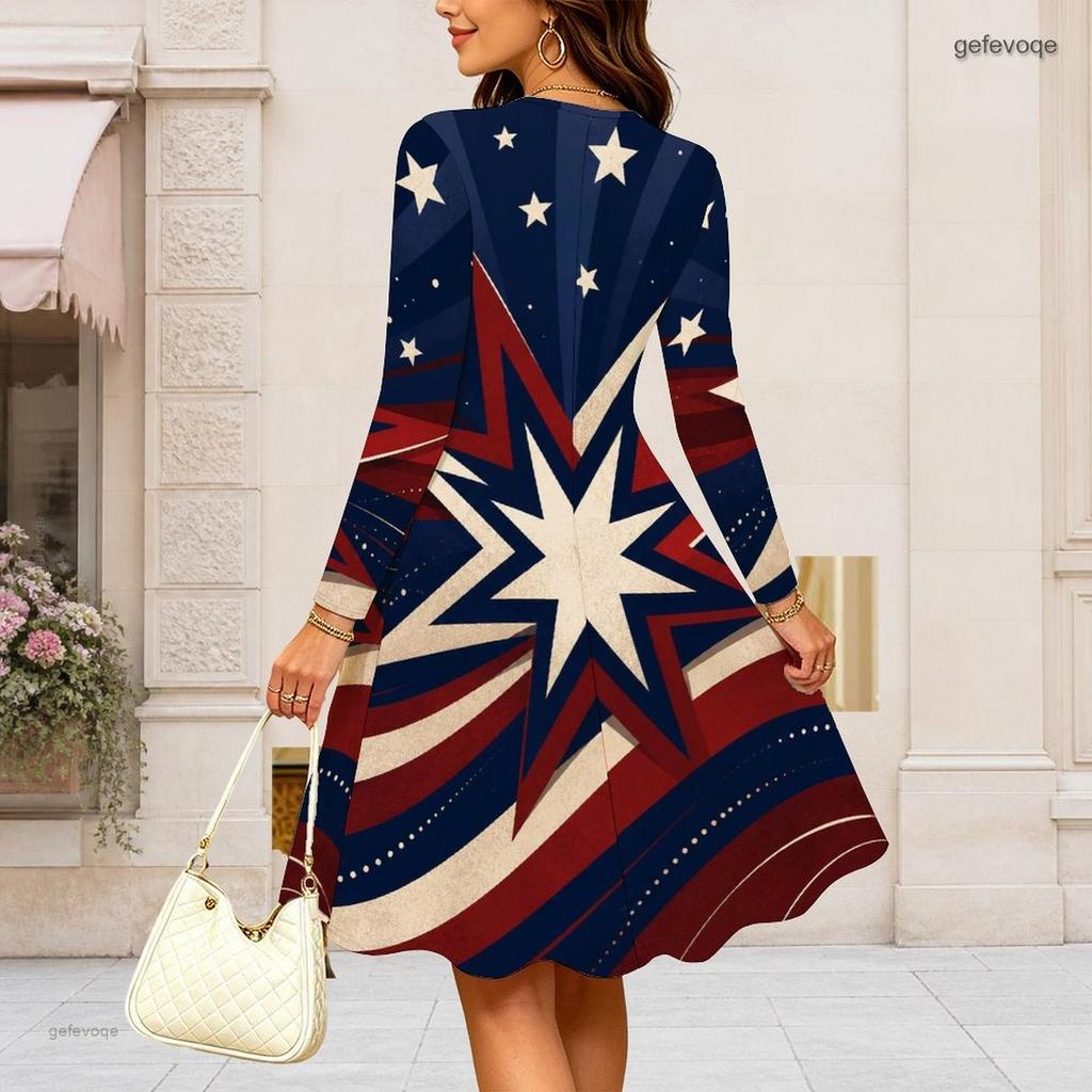 Women Plus Size Round Neck Long Sleeve Midi Dress Glitter Star Fireworks Swirl Print High Waist Swing Dress