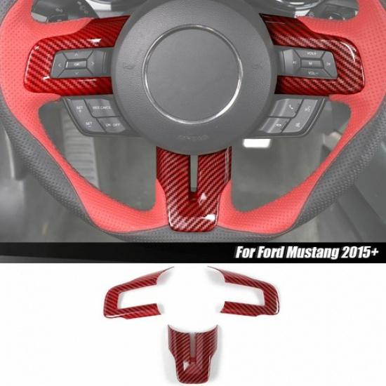 Interior Steering Wheel Cover Trim For Ford Mustang 2015+ Red Carbon Accessories