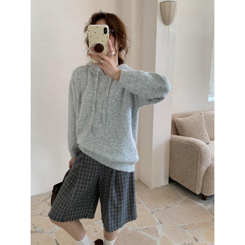 Solid Color Pullover Hoodie Sweater Women's Autumn and Winter New Retro Loose and Thin Lazy Style Knitted Sweater Jacket