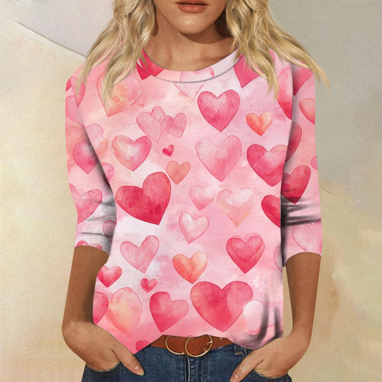 

Women s Fashionable Casual Three-quarter Sleeve Valentine s Day Print Round Neck Pullover Top XL кавун червоний колір