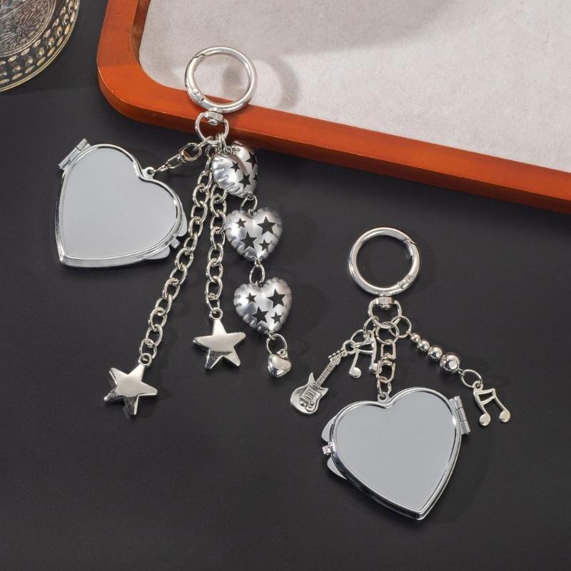 Trendy Folding Mirror Key Holder Bag Charm Keychain Fashion Bag Accessory Travel Key Holder For Women Girls