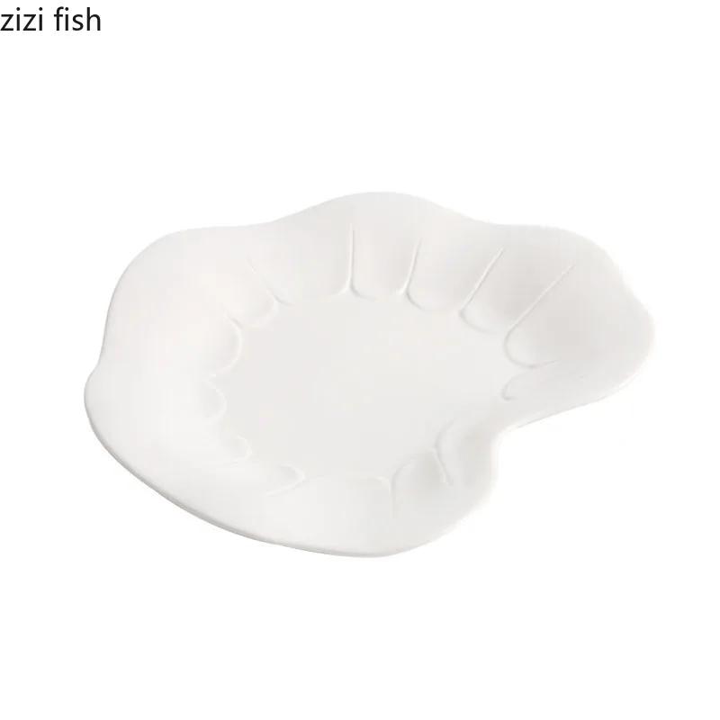 Farfurie Ceramică Alb Pur în Formă de Frunză de Lotus, Farfurie de Desert Iregulară, Farfurie pentru Sushi, Veselă Specială pentru Bucătărie Moleculară
