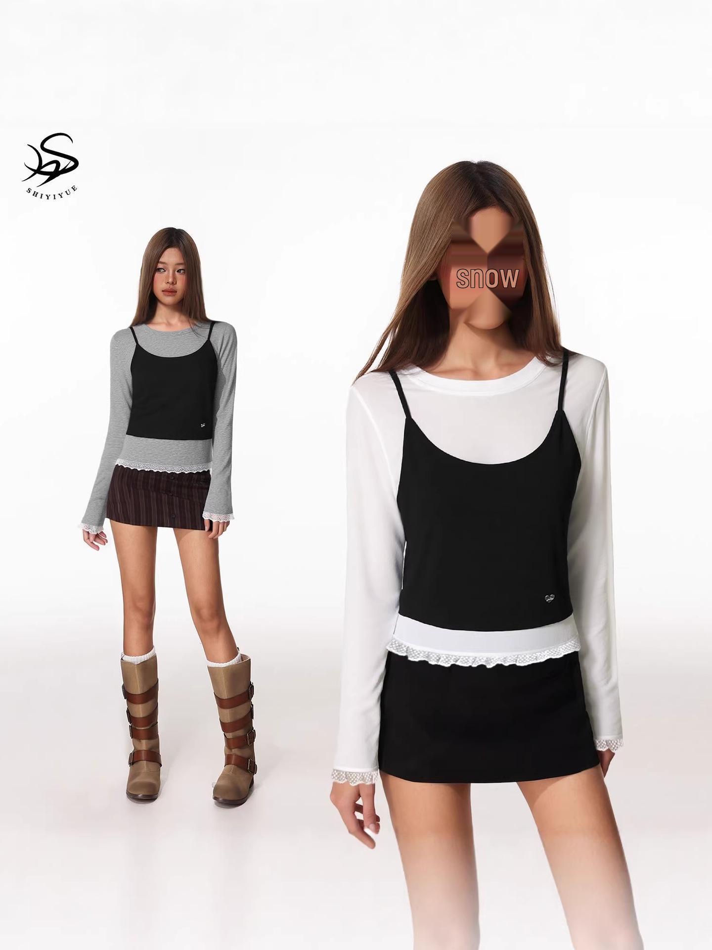 SHIYIYUE Women s Lace Patchwork Layered Long Sleeve Camisole Two-Piece Top - American Style Autumn Chic Small