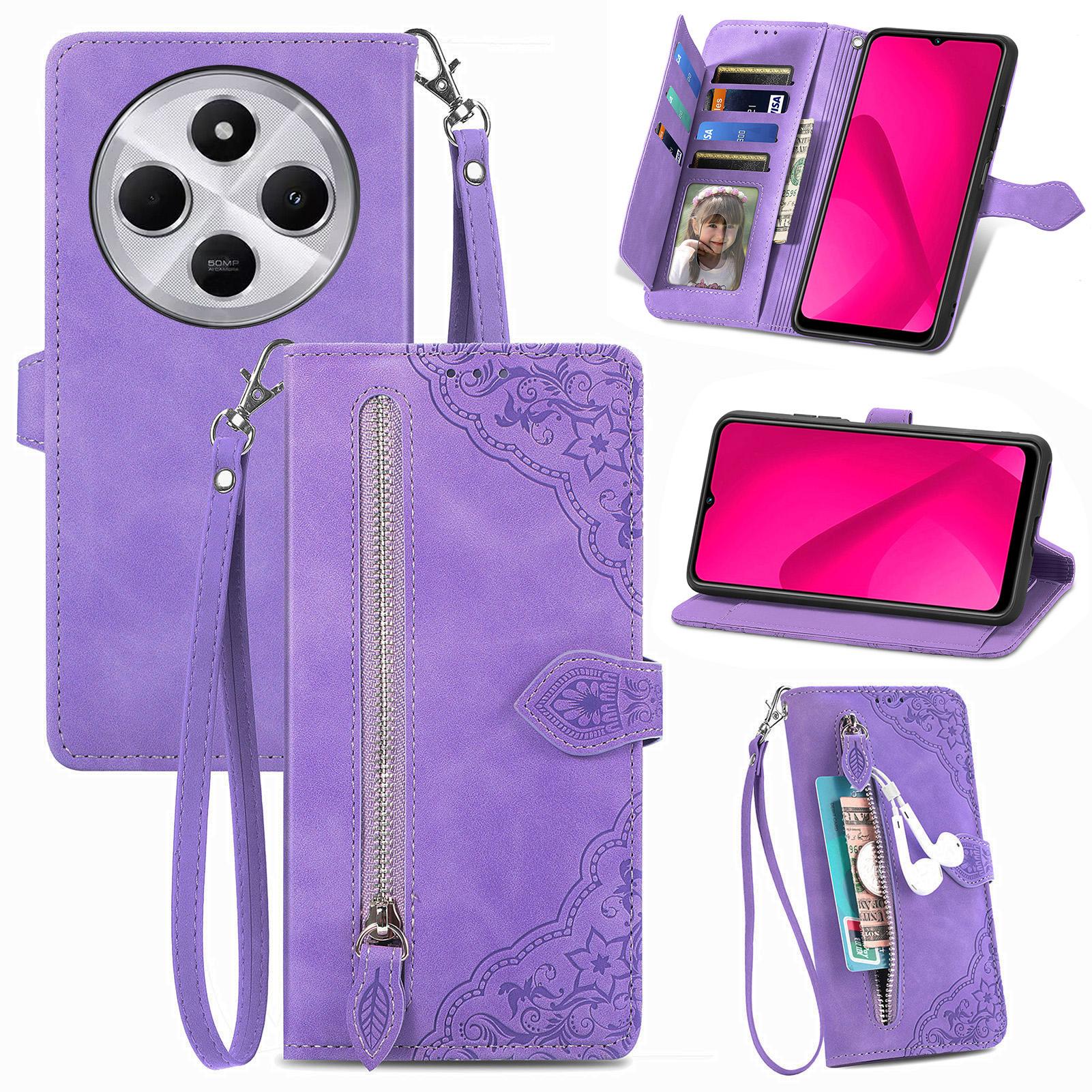 

Zipper Wallet Case For Xiaomi Redmi 14C 4G/14R 5G/Poco C75 4G Flower Imprint PU Leather Phone Cover with Strap Light Purple