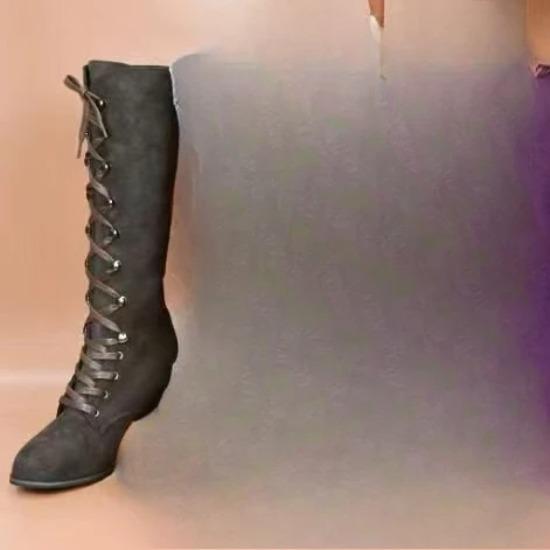 

Женские ботфорты Новые ретро с круглым носком Комбинированные замшевые На шнуровке Нескользящие Износостойкие Рыцарские ботинки 36