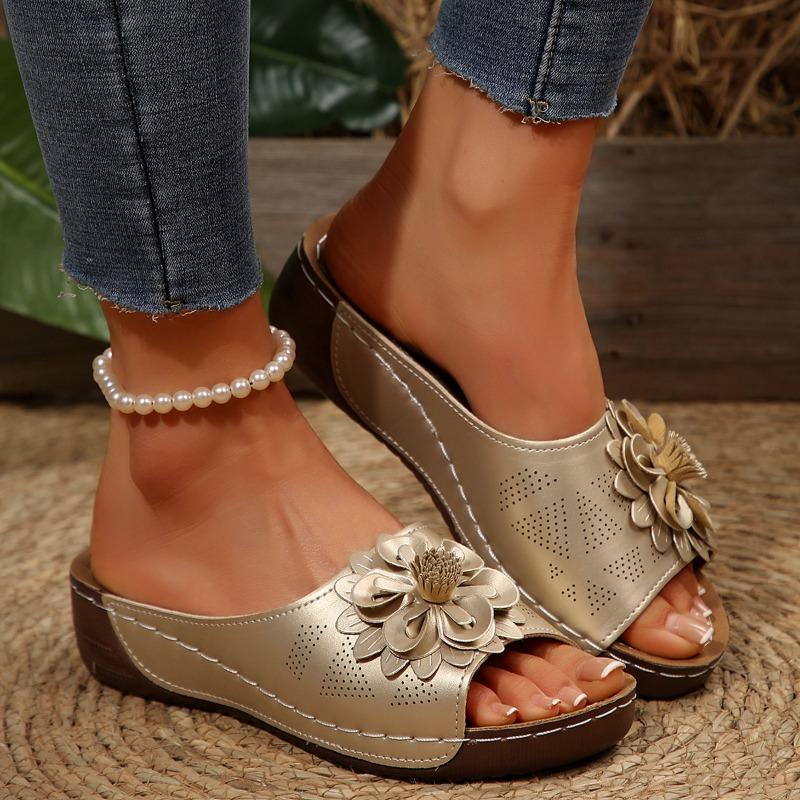 Women's Floral One Band Wedge Slide Slippers, Open Toe Plus Size Lightweight Casual Outdoor Beach Daily Footwear