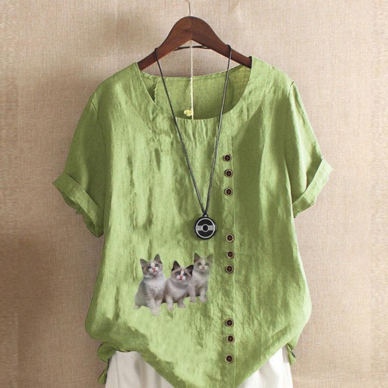 

Женская модная футболка с круглым вырезом и коротким рукавом, повседневная хлопково-льняная рубашка с рисунком, свободная летняя блузка с принтом кошек для отдыха, топы 5XL зелёный
