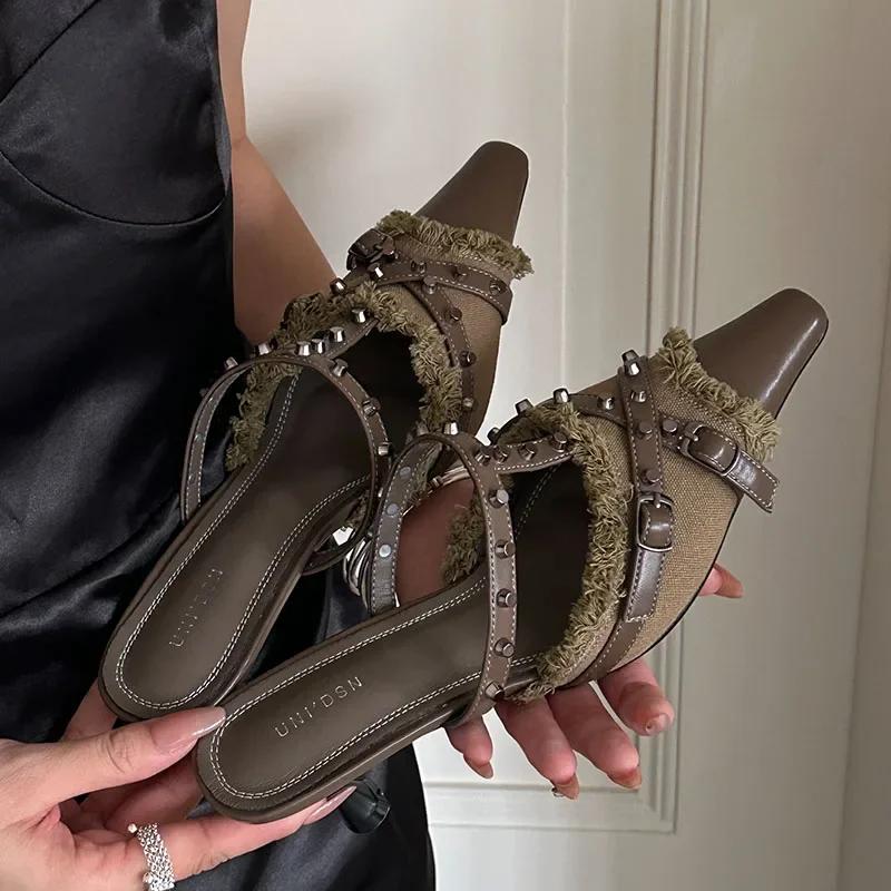 

Hot Selling Female Shoes For Thin High Heels Pointed Toe Elegant Ladies Sandals Slingbacks Slides Fashion 2025 Footwear Women 35 хаки