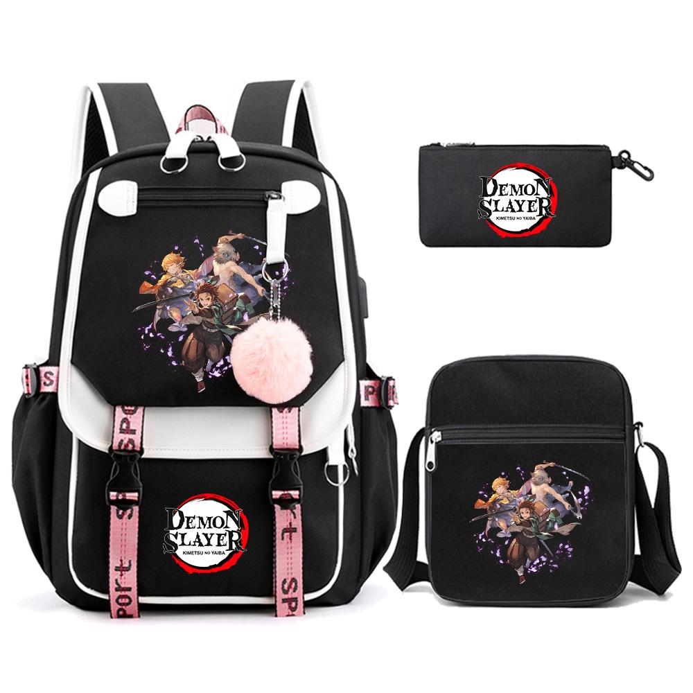 3 Stück/Set Anime Cartoon Demon Slayer Aufdruck Rucksack mit Umhängetasche für Teenager Schüler Große Kapazität Wasserdicht Schultasche Mochila