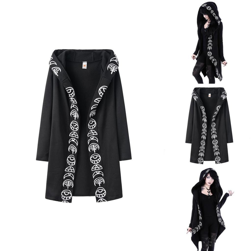 Elegant Gothic Women Moon Print Cardigan With Long Sleeves Hooded Coat Perfect For Fall And Winter