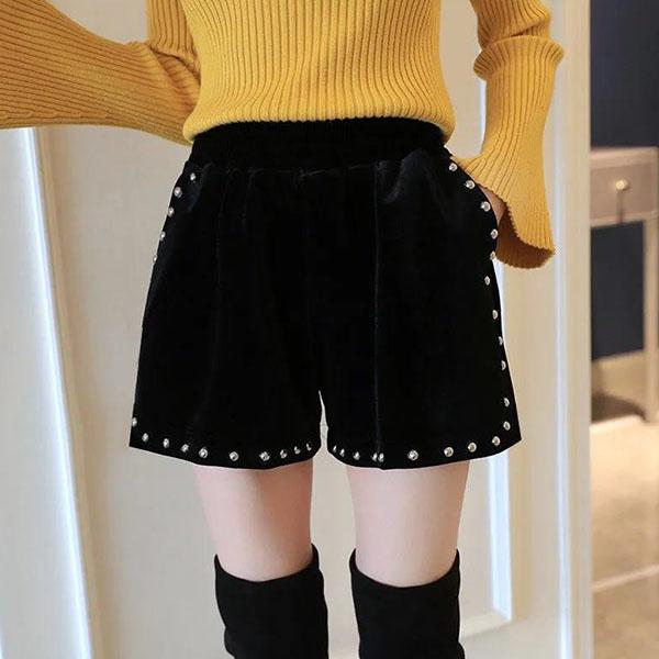 

Золотые бархатные короткие брюки, женские осенне-зимние верхние брюки, широкие брюки трапециевидной формы с высокой талией, свободные шерстяные брюки с жемчугом S чёрный