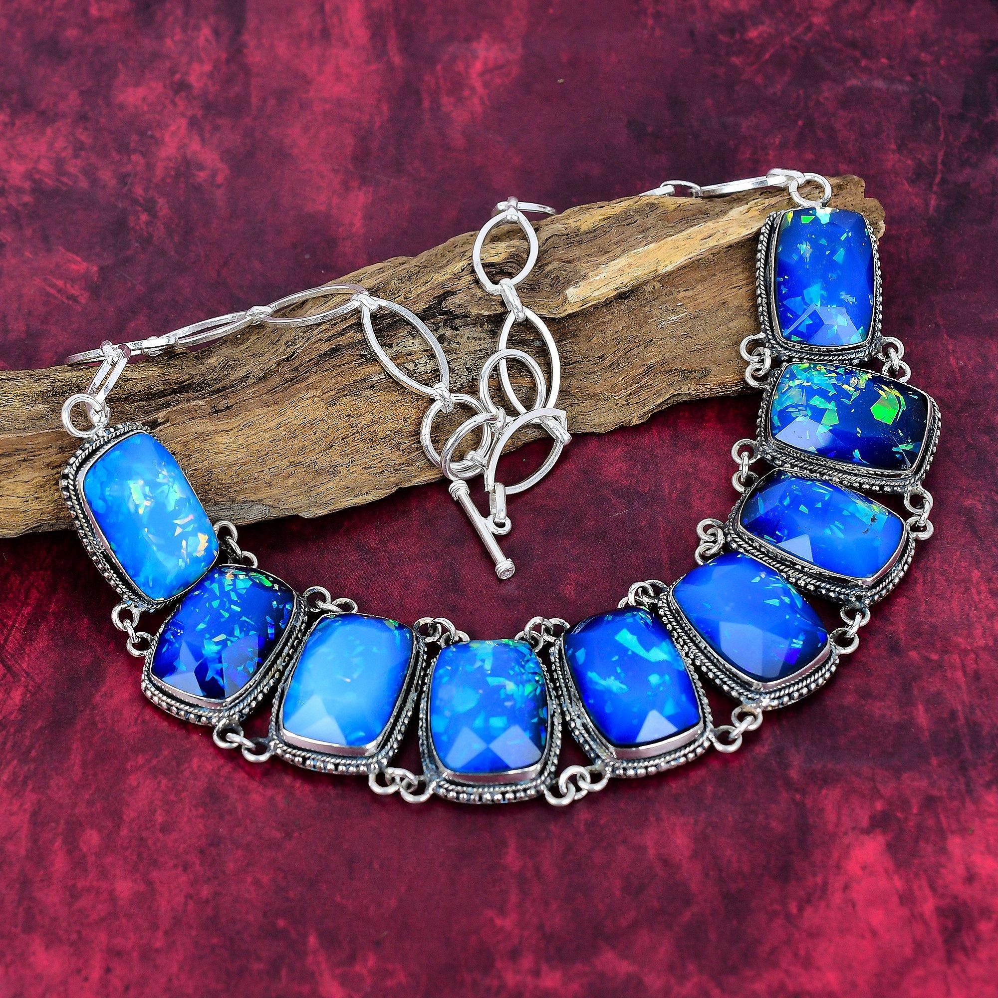 

Dico Glass 925 Solid Sterling Silver Necklace with Adjustable Chain, Handmade Gemstone Jewelry Necklace Gift For Her Adjustable With 18 Inches синий